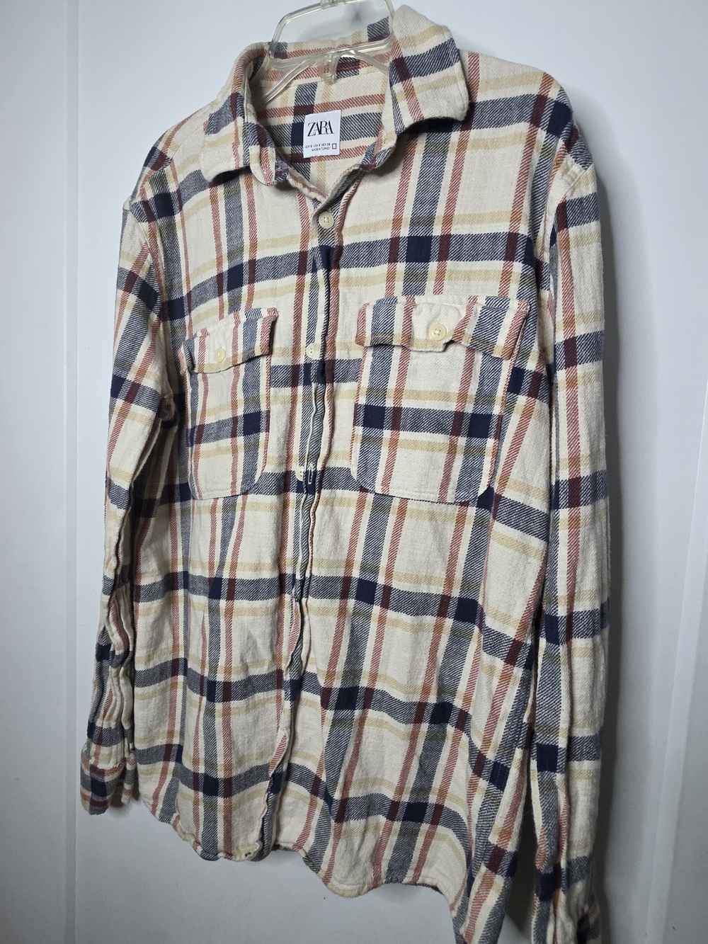 Zara Plaid Flannel Overshirt Shacket Cream Blue Rust Button Front